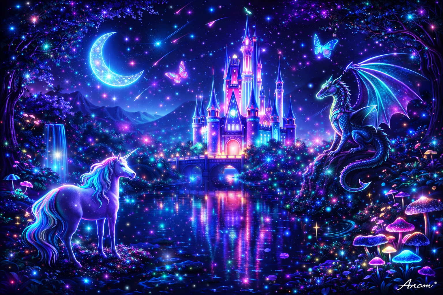 Moonlit Castle Unicorn Dragon background