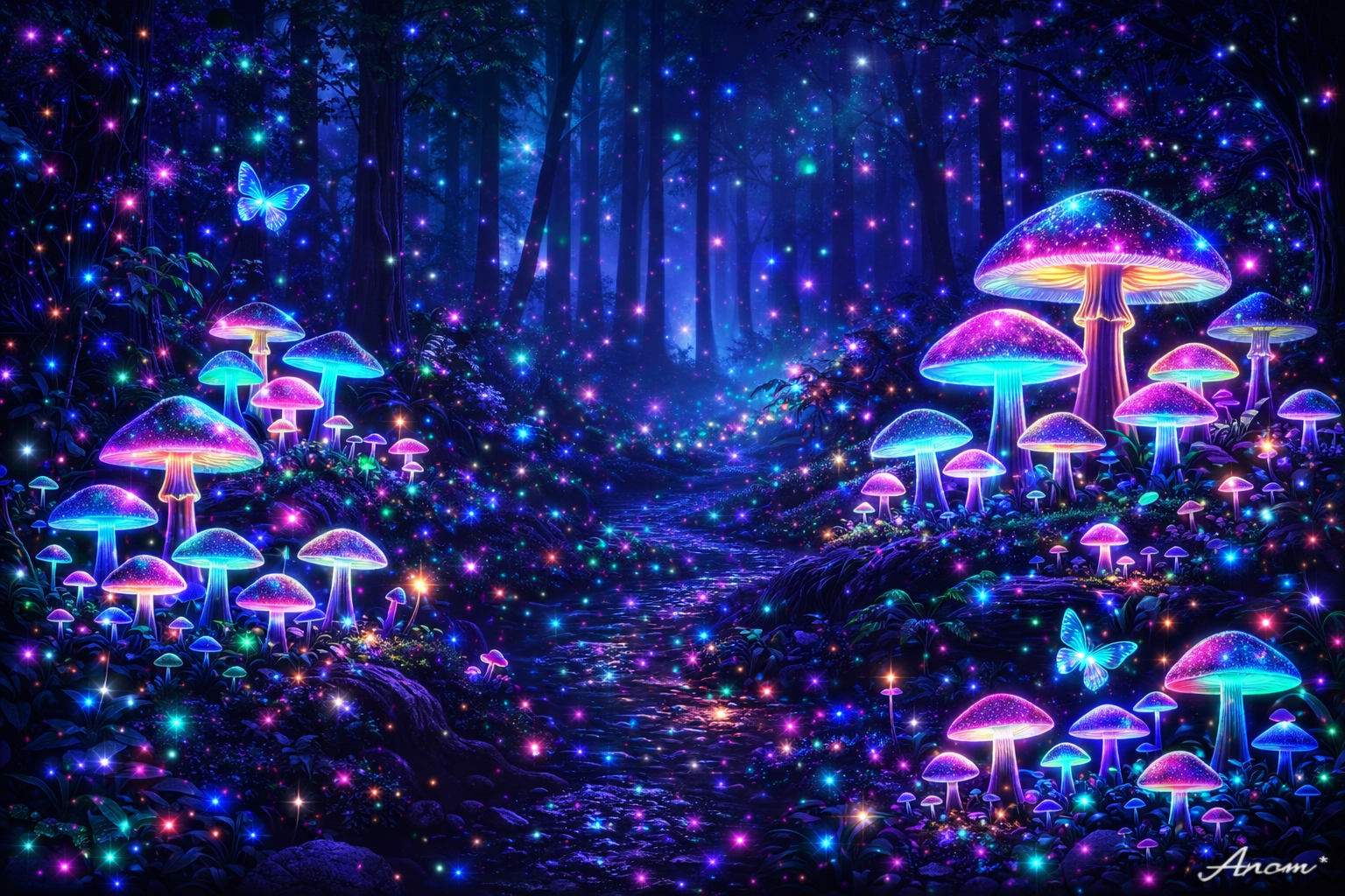 Starlit Mushroom Forest Path background